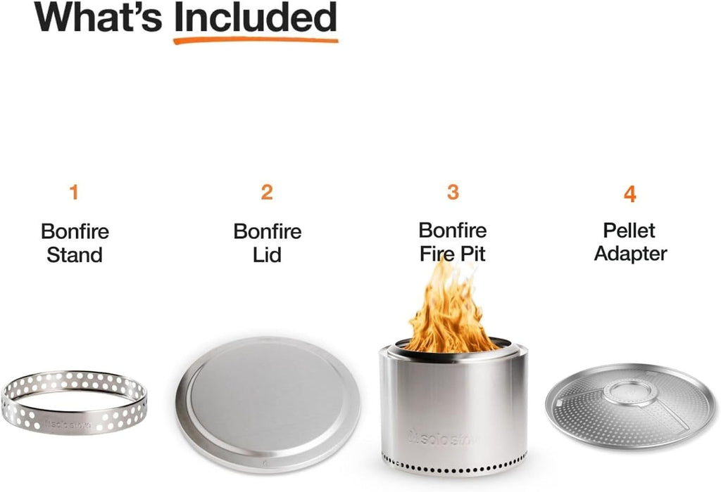Solo Stove Bonfire Essential with Pellet Adapter Bundle | Smokeless Portable Stainless Steel Fire Pit with Stand,Lid, Carry Case, Removable Ash Pan & Pellet Adapter | Ideal for 4–6 People