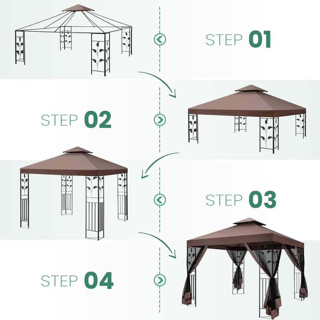 COBIZI Gazebo 10x13 Heavy Duty Gazebos with Improved Nettings Outdoor Gazebo Double Roof Patio Gazebos with Metal Steel Frame Outdoor Canopy for Patio, Deck, Backyard (Brown)