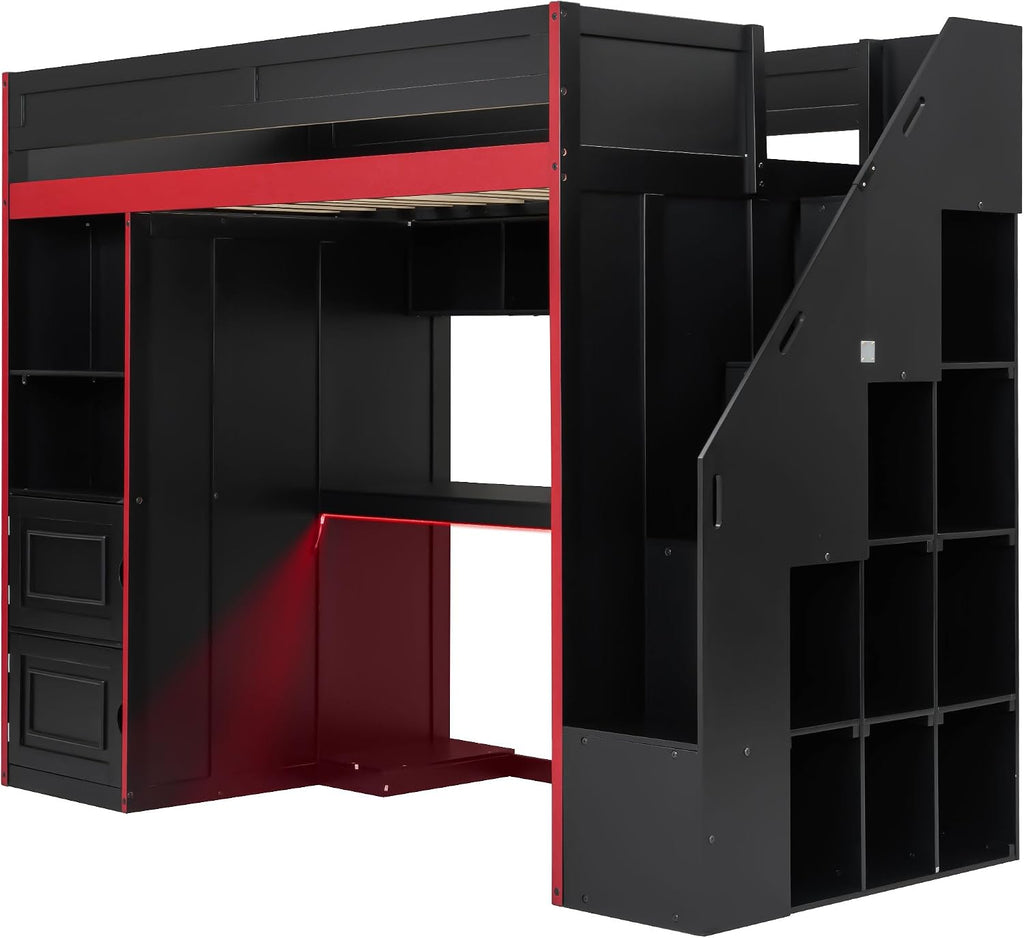 SOFTSEA Twin Size Gaming Loft Bed with Desk, Storage Stairs, LED Lights, Bookshelves & Wardrobe, Multifunctional Loft Bed for Kids Bedroom, No Box Spring Needed, Black Red