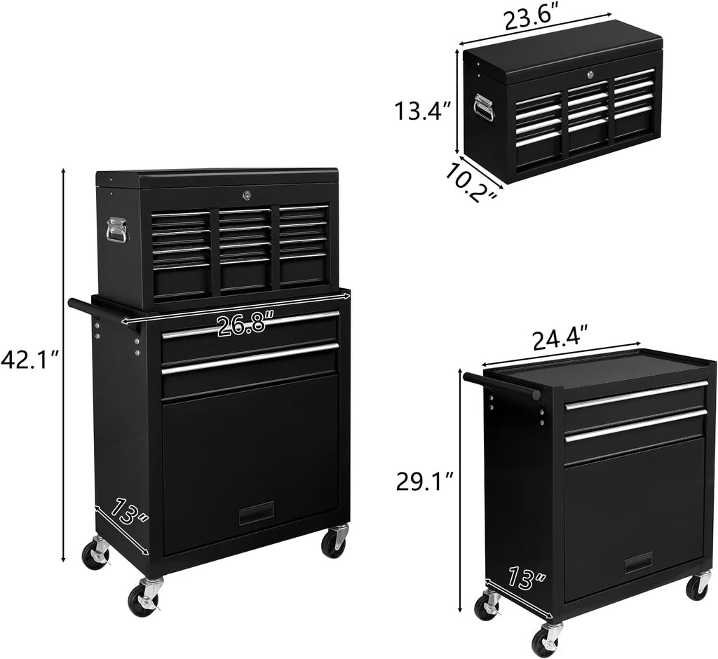 TUFFIOM 8-Drawer Rolling Tool Chest w/Lock, Tool Storage Cabinet w/Wheels, Detachable Top, Drawers & Drawer Liners, Tool Organizer Box for Garage, Warehouse & Repair Shop