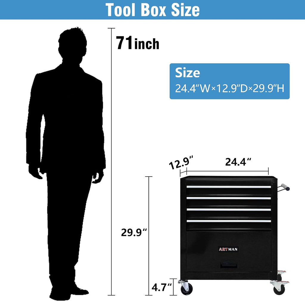 4 Drawers Tool Cart on Wheels, 4 Drawer Rolling Tool Chest, Trolley Organizer Tool Box Tool Case with 1 Cabinet, Multifunctional Tools Case for Garage,Warehouse,Workshop,Repair Shop (Black)