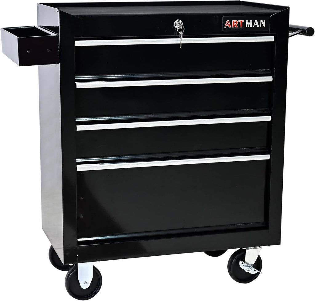 Campfun Rolling Tool Box, 4-Drawer Metal Tool Cart with Hanging Box, Storage Organizer Trolley with Interlock System, Multifunctional Mechanic for Garage, Warehouse, Workshop, Repair Shop, Black
