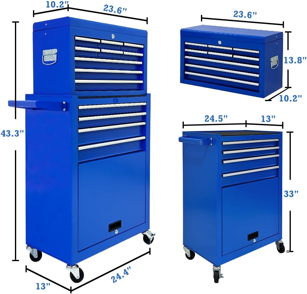 13 Drawer Tool Chest,Toolbox with Wheels, Rolling Tool Cabinets with Drawers, Top Detachable Tool Chest with Hooks Handles for Workshop Mechanical Garage - Blue