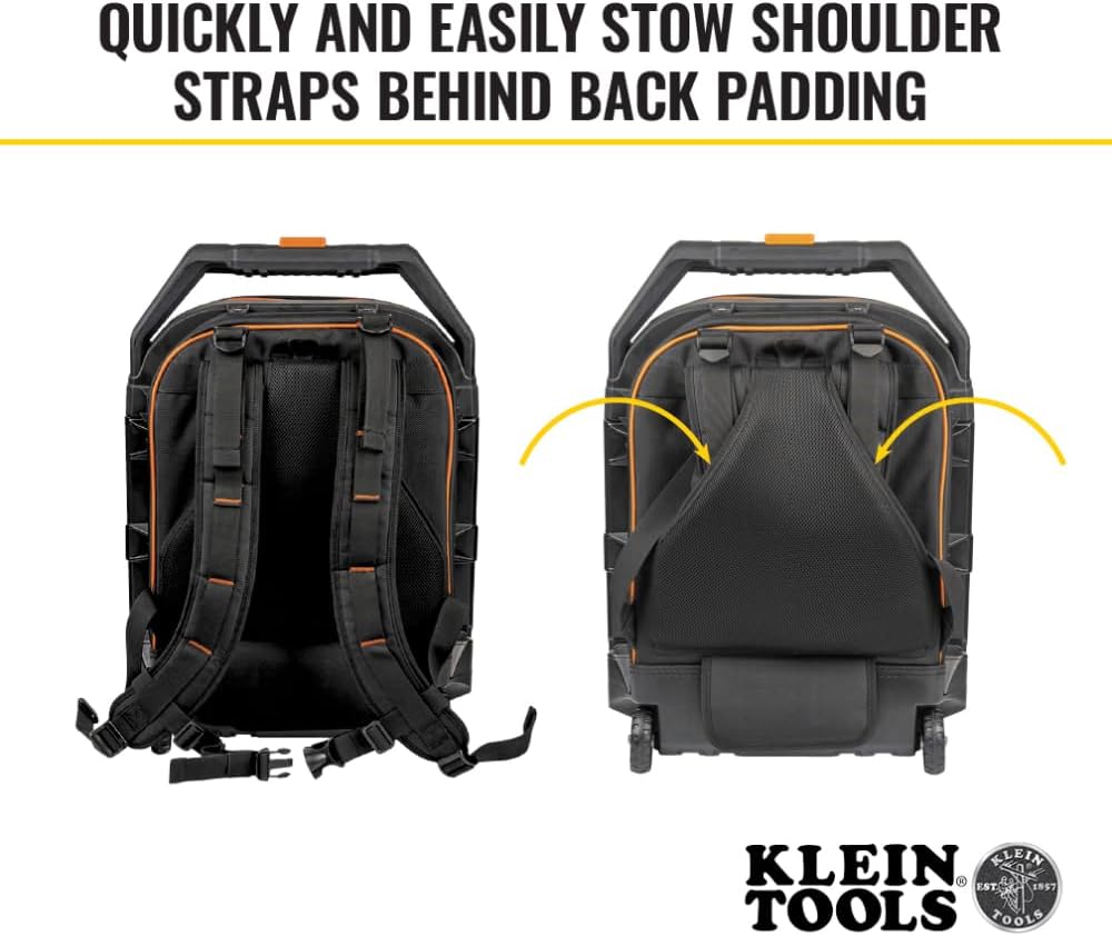 Klein Tools 55604 Rolling Tool Backpack, Tool Bag with 28 Pockets, Heavy Duty Retractable Handle, Large Storage Interior, 3-Inch Wheels