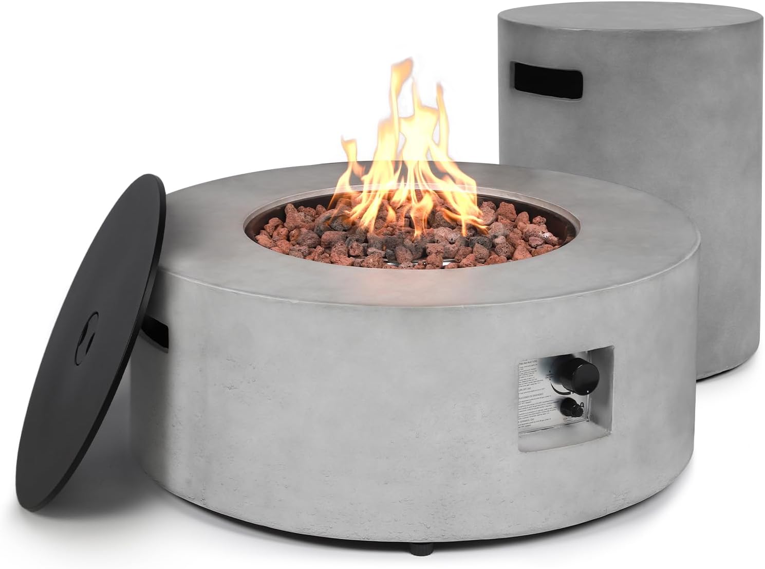 2-Piece Outdoor Propane Fire Pit Table Set w/Tank Cover Table, 36-inch 50,000 BTU Concrete Firepit SUS201 Round Burner with Steel Lid, Lava Rocks, Rain Cover