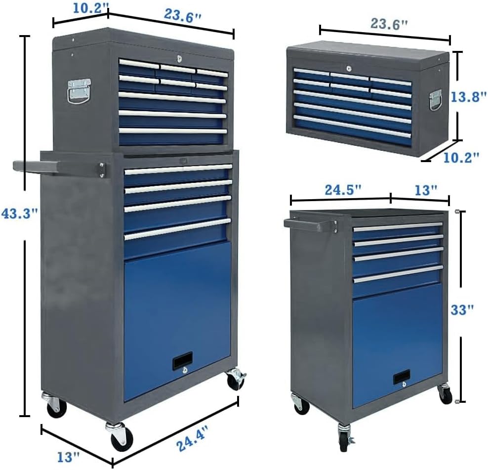 13-Drawer Tool Chest, Rolling Tool Box with Wheels, Tool Cabinets with Drawers, Top Detachable Toolbox with Hooks Handles for Workshop Mechanical Garage (Blue & Grey)