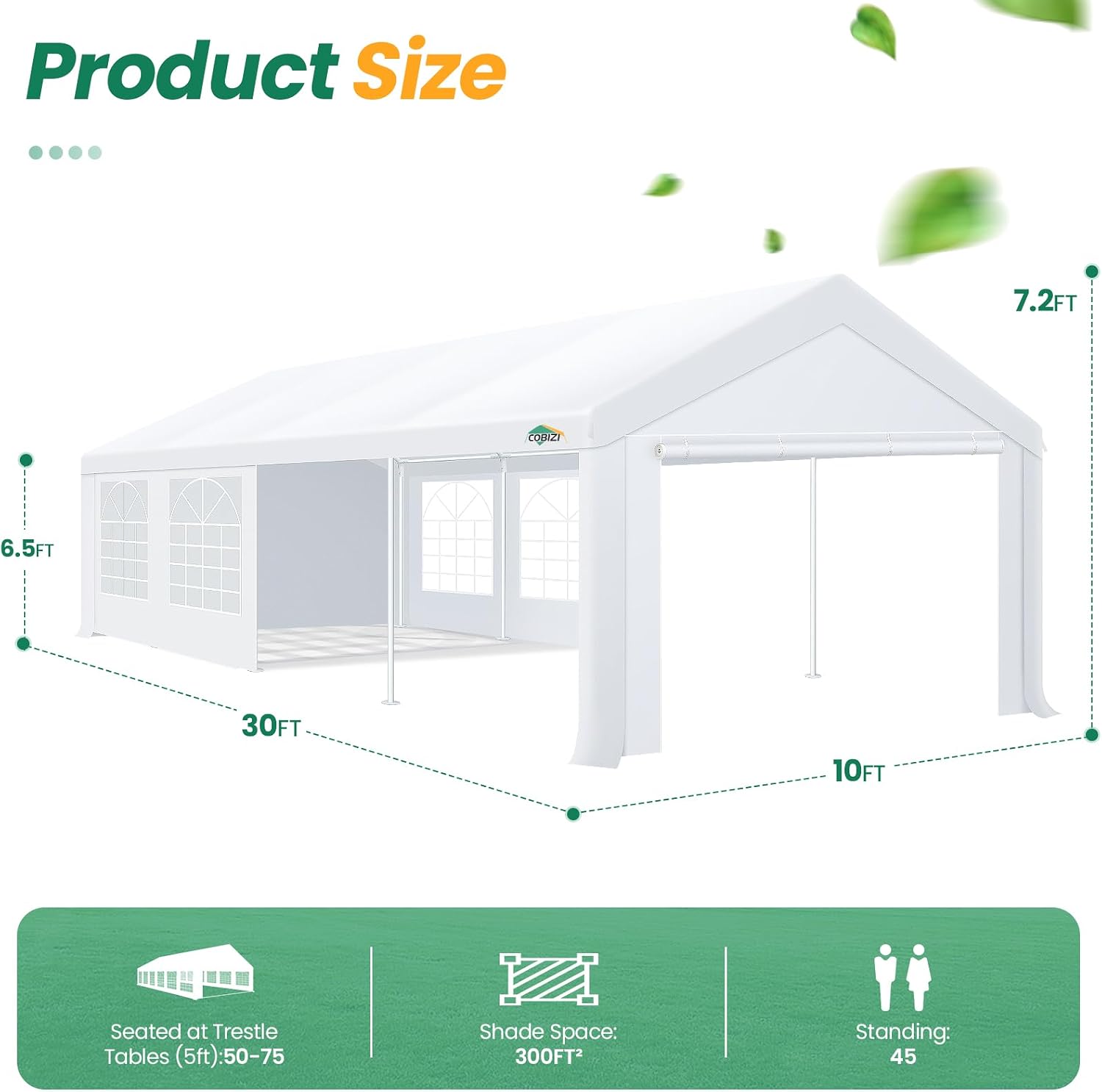 COBIZI 10x30 FT Party Tent Heavy Duty, Large Outdoor Wedding Tents for Parties with 8 Sidewalls & Built-in Sandbags,Waterproof Event Canopy Gazebo Commercial Tent for Carport,Patio,Windproof