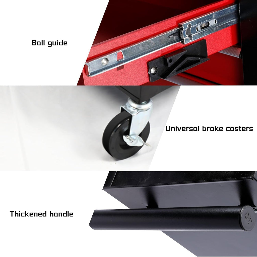 4 Drawers Metal Rolling Tool Chest on Wheels, Lockable Organizer ToolBox Tool Cart with 1 Cabinet, Multifunctional Large Capacity Trolley Tool Storage Case for Garages & Repair Shop (Black+Red)