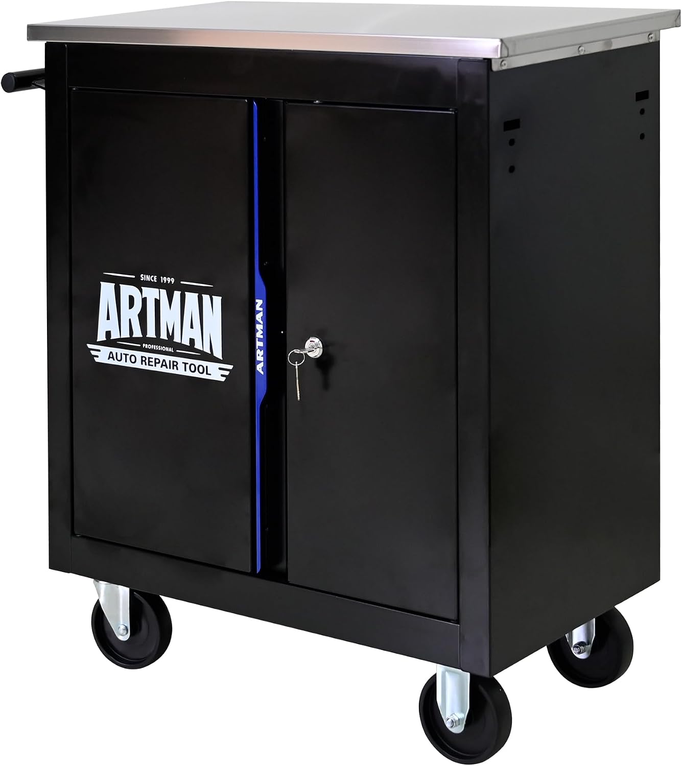 1 Cabinet Tool Cart on Wheels with Stainless Steel Worktop, Heavy Duty Mobile Rolling Drawer Tool Chest with Secure Locking System & Locking Wheels for Garage,Warehouse,Workshop (Black&Blue)