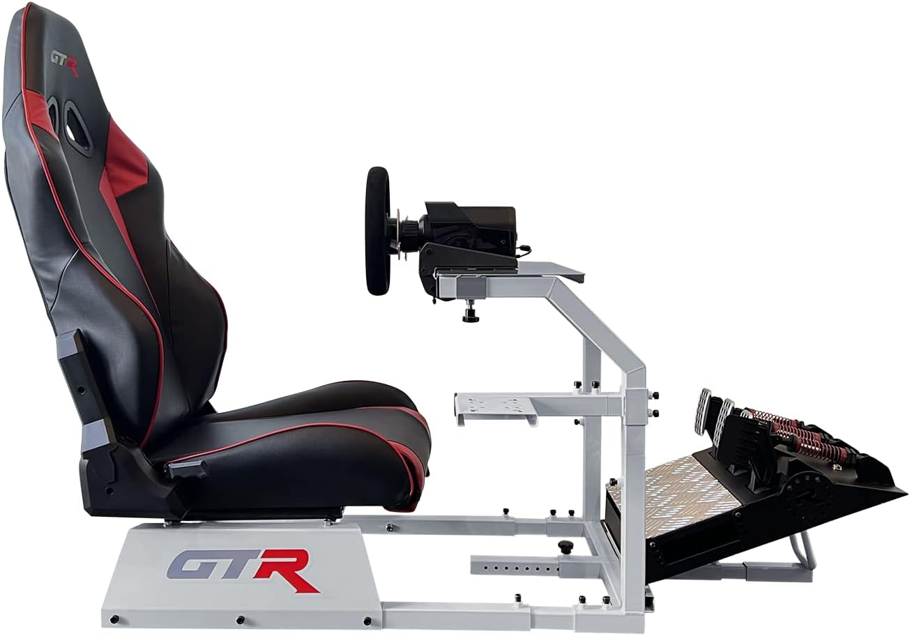 GTR Simulator GTA Model Silver Frame with Adjustable Leatherette Racing Seat Gaming Simulator Cockpit Chair | RS30 Wheel | V3 Pedal Setup (GTA with RS30 Wheel & V3 3-Pedal Setup)