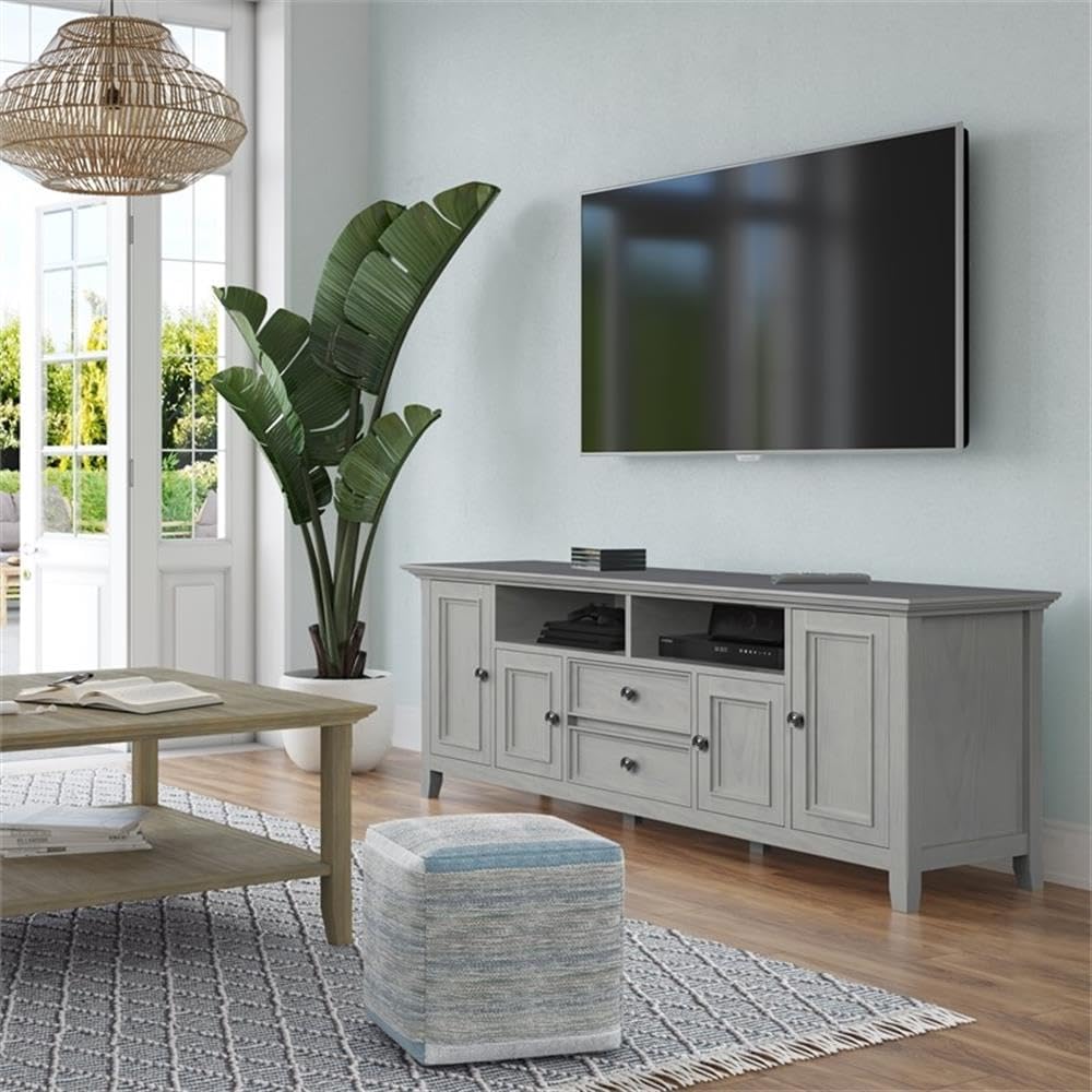SIMPLIHOME Amherst TV Stand - 72 inch Wide Solid Wood Media Console in Fog Grey, Transitional Entertainment Center for Living Room for TVs up to 80 Inches with Shelves and Cable Management