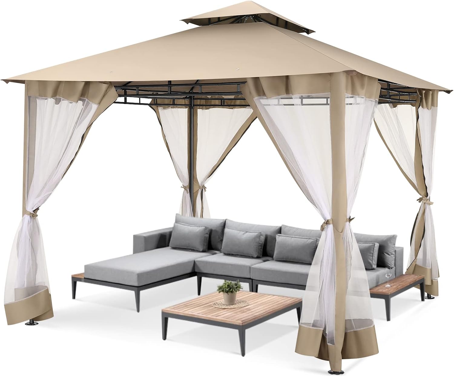 COBIZI Gazebo 10x10 Heavy Duty Gazebos with Improved Nettings Outdoor Gazebo Double Roof Patio Gazebos with Metal Steel Frame Outdoor Canopy for Patio, Deck, Backyard (Khaki)
