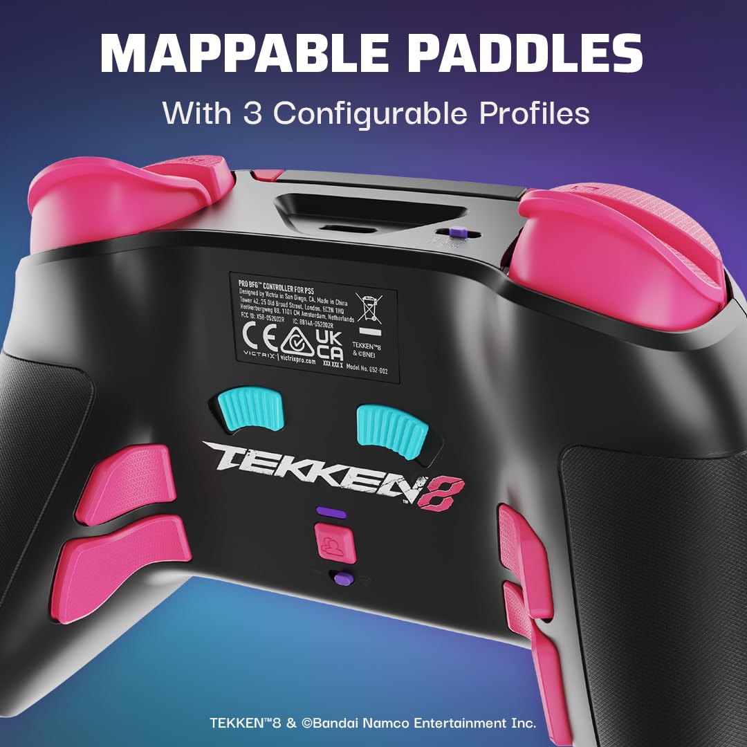 PDP Victrix Pro BFG Wireless Gaming Controller, Licensed for PlayStation, PS5/PS4/PC Gamepad, Sony 3D Audio, Modular Buttons/Triggers/Thumbstick, Customizable in App, Tekken 8 Rage Art Black/Pink/Teal
