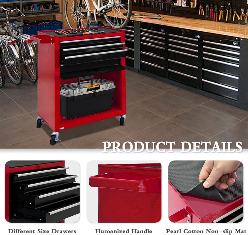 13-Drawer Tool Chest with Wheels, 2 in 1 Detachable Rolling Toolbox with Drawers, Large Tool Box with Lock, Mobile Steel Tool Cabinet Storage for Warehouse, Garage (Red&Black)