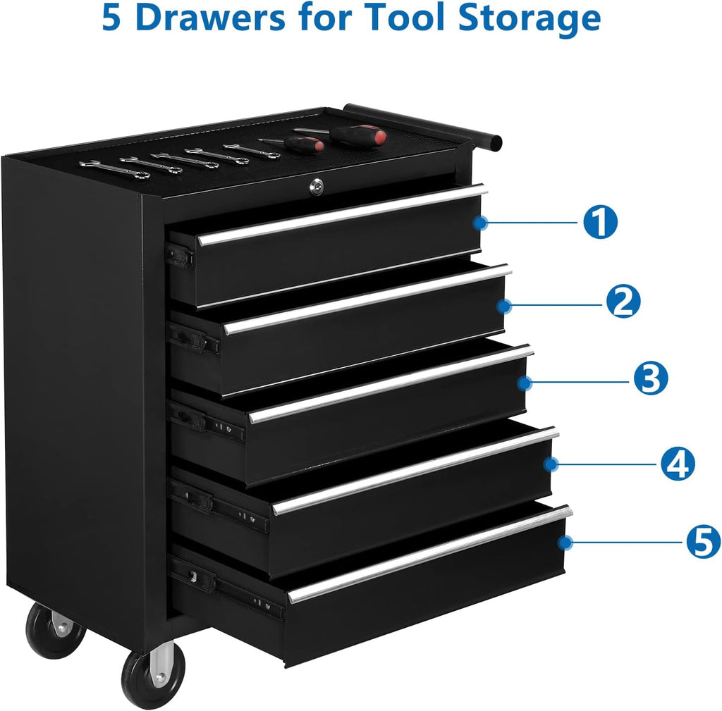 TUFFIOM 5-Drawer Rolling Tool Chest w/Drawers & Lock, Tool Storage Cabinet with Lockable Wheels, Top Cushion & Drawer Liners, Tool Organizer Box for Garage, Warehouse & Repair Sho