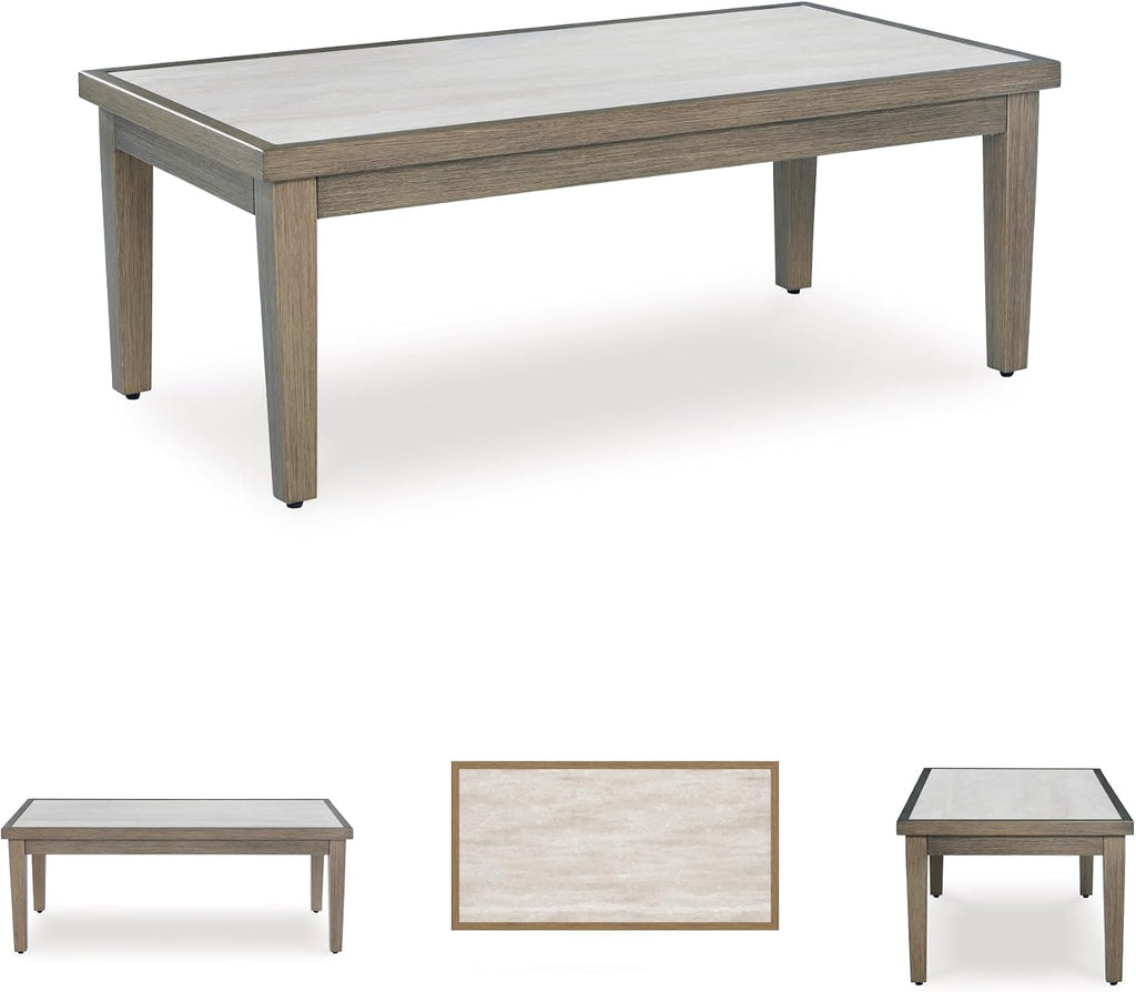 Signature Design by Ashley Rainier Ranch Contemporary Weather Resistant Outdoor Coffee Table with Sintered Stone Top, Light Brown & Beige