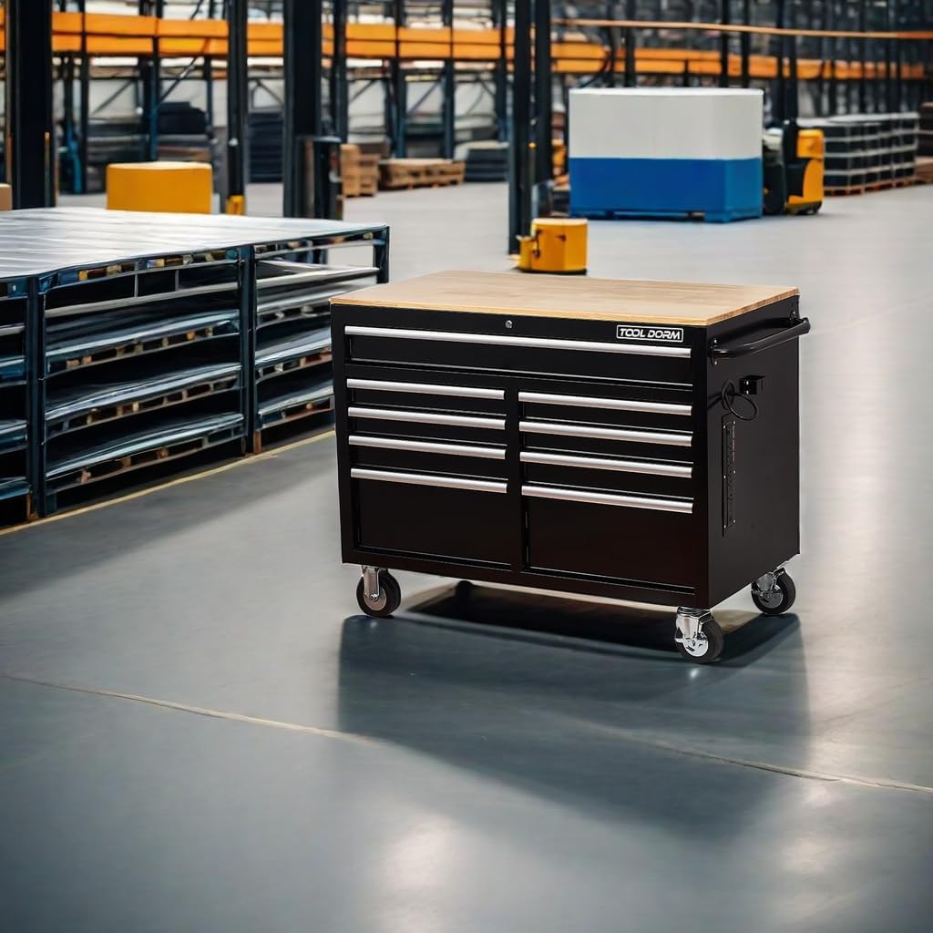 Rolling Large Tool Chest Extra-Deep 46-Inch 9 Drawers, Big Tool Chest with Drawers, Workbench with Wooden Top & Integrated Power Strip, Rolling Toolbox with Drawers and Locking System