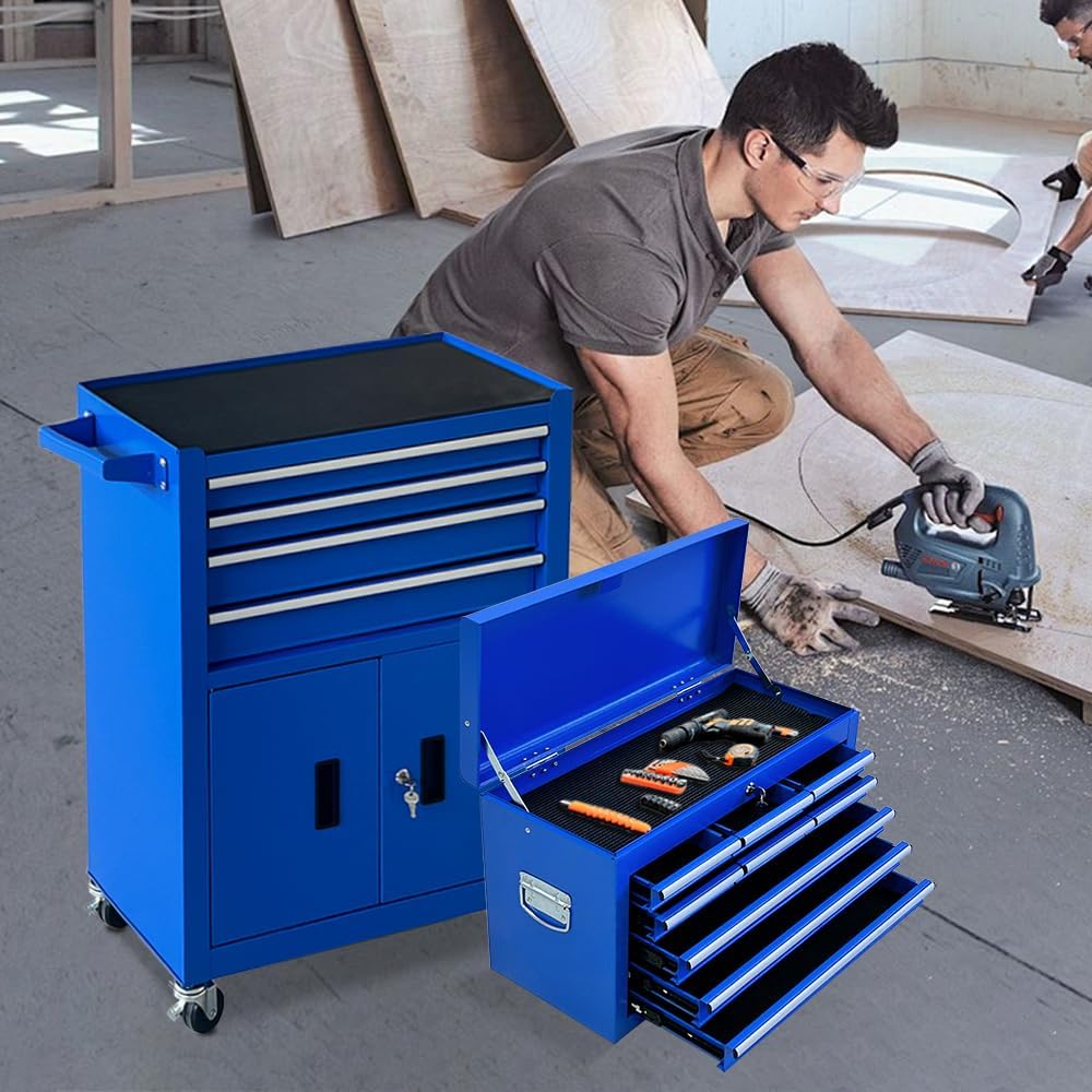 13-Drawer Double Doors Handle Rolling Tool Chest, 2 in 1 Detachable Rolling Tool Chests, Large Tool Boxes with Lock, Metal Standing Tool Cabinet for Garage Workshop(Blue)