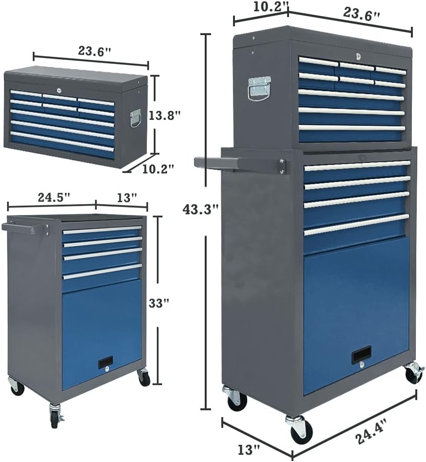Kirmoasl 13-Drawer Rolling Tool Chest, Large Tool Chest with Wheels, 2 in 1 Detachable Tool Chests, Portable Tool Storage, Locking Mechanic Tool Box for Warehouse, Garage, Gray & Blue