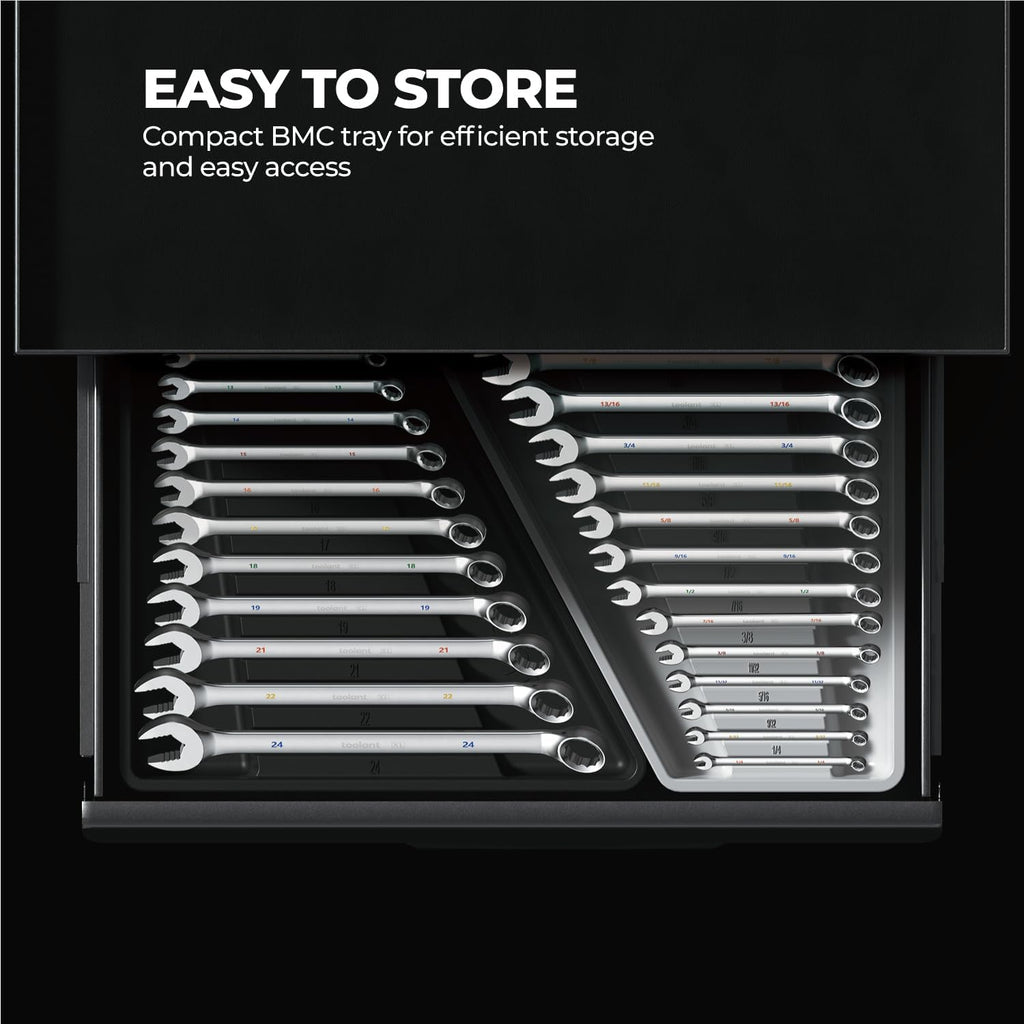 toolant Max Grip 30pcs Professional Metric & SAE Combination Wrench Set with Long Pattern Offset Heads Anti-Slip Teeth & Color-Coded Markings for Machinist, Auto, maintenance, DIYer