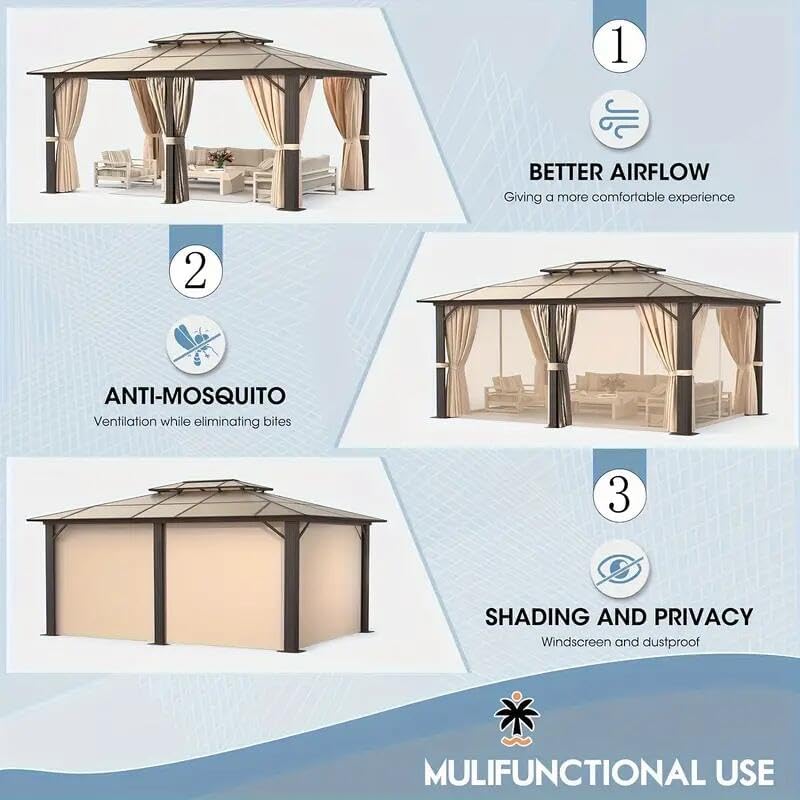 TFORESTER Hardtop Gazebo 12x20FT Hardtop Gazebo, Aluminum Frame Permanent Pavilion with Curtains and Netting, Outdoor Polycarbonate Gazebo, Double Roof Canopy, for Gardens, Patios, Lawns