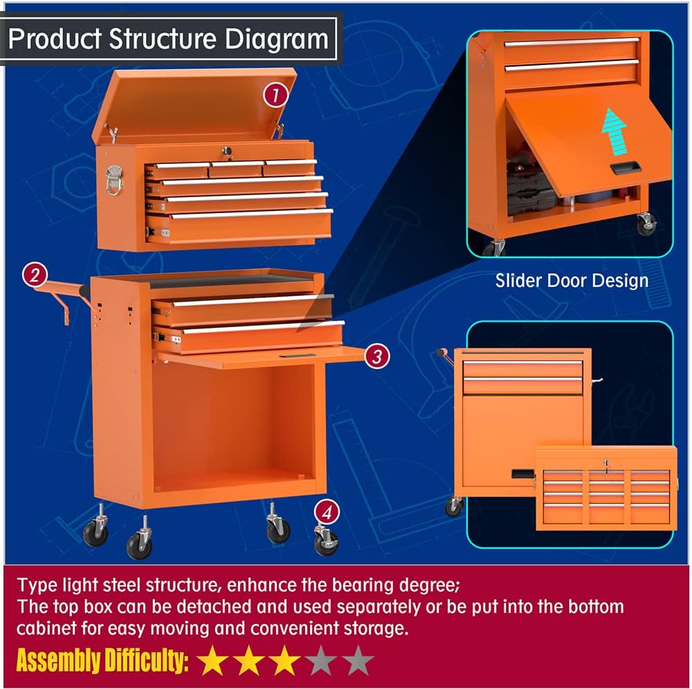 High Capacity Rolling Tool Boxes with Wheels and Drawers, 8-Drawer Storage Cabinet,Detachable Organizer Combo,Mobile Lockable Toolbox for Workshop Mechanics Garage (Orange)