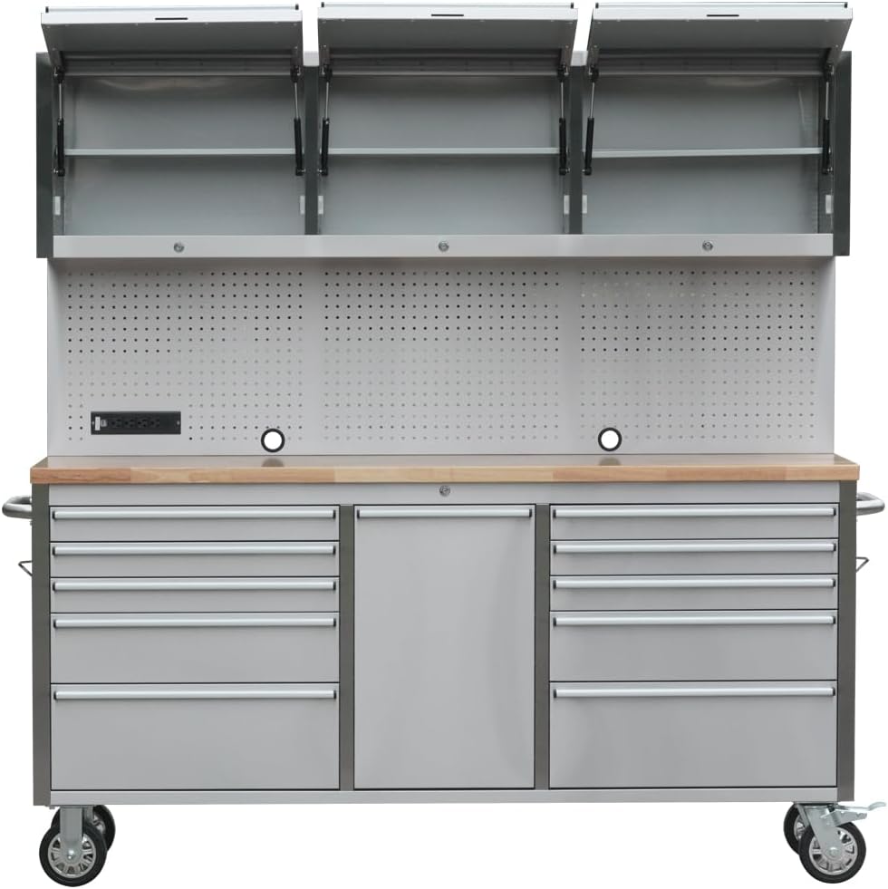 72' Stainless Steel Rolling Tool Chest with 11 Drawers + 3 Upper Cabinets, Large Lockable Storage Cabinet, Mobile Workbench with Wheels for Garage Workshop (1 × HTC7214W1)