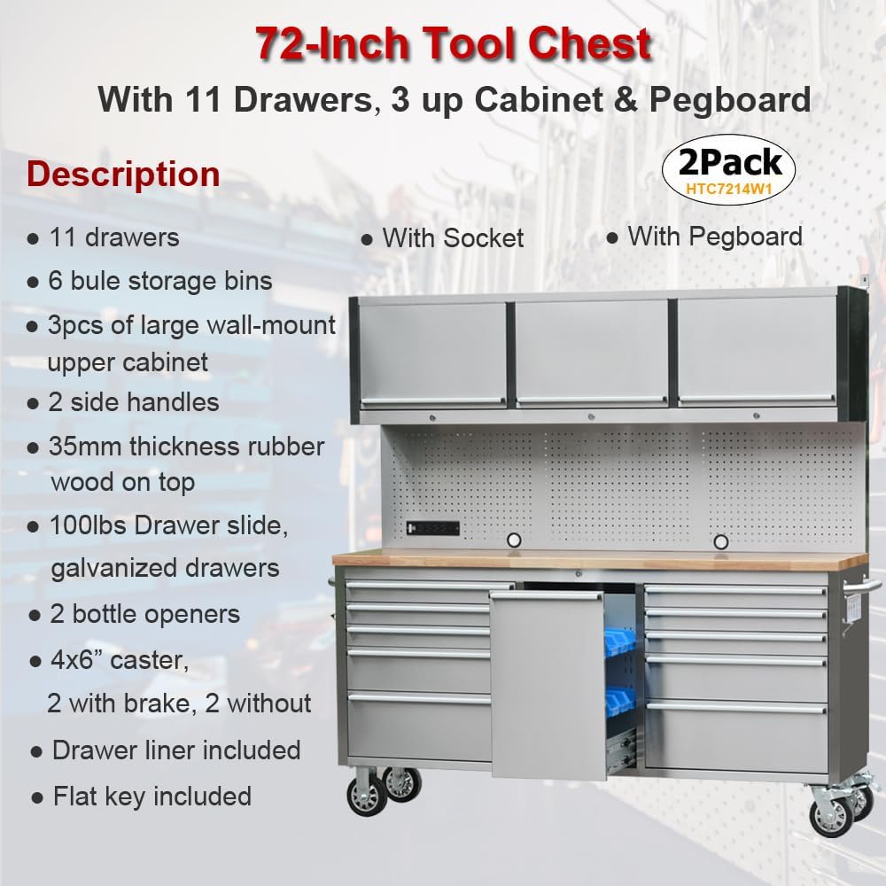 2 Pack - 72' Stainless Steel Rolling Tool Chest with 11 Drawers + 3 Upper Cabinets, Large Lockable Storage Cabinet, Mobile Workbench with Wheels for Garage Workshop (2 × HTC7214W1)