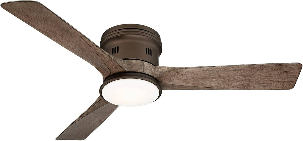Casa Vieja 54' Salerno Modern Industrial Hugger Low Profile 3 Blade Indoor Outdoor Ceiling Fan with Light LED Remote Bronze Wood Opal Glass Damp Rated for Cottage Core Patio Exterior House Porch
