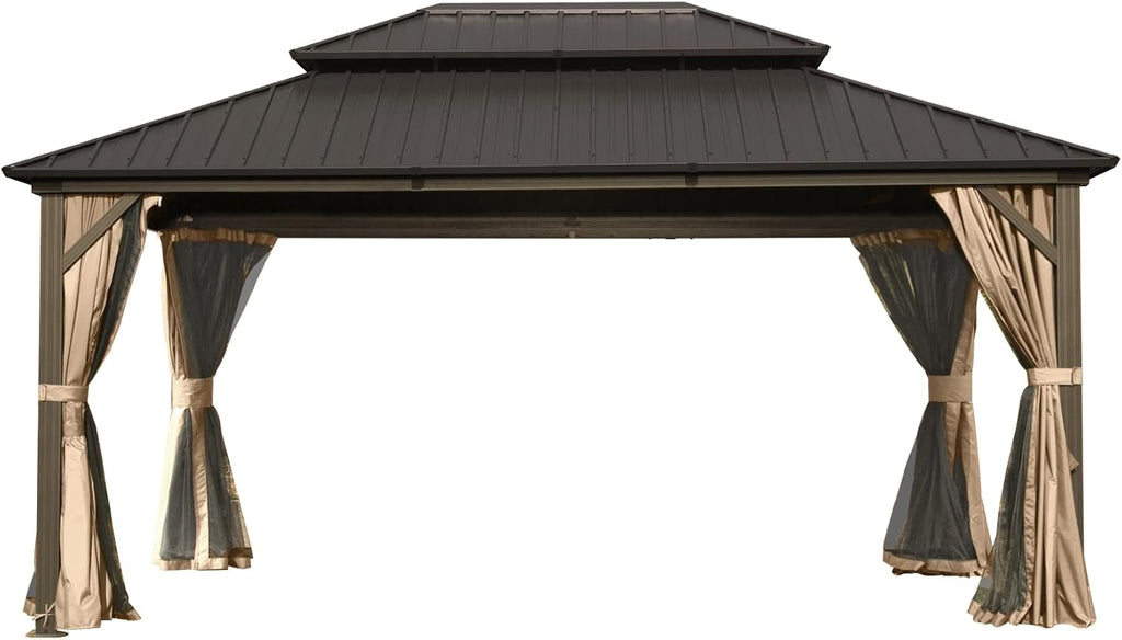 12' X 16' Hardtop Gazebo, Aluminum Metal Gazebo with Galvanized Steel Double Roof Canopy, Curtain and Netting, Permanent Gazebo Pavilion for Party, Wedding, Outdoor Dining, Brown