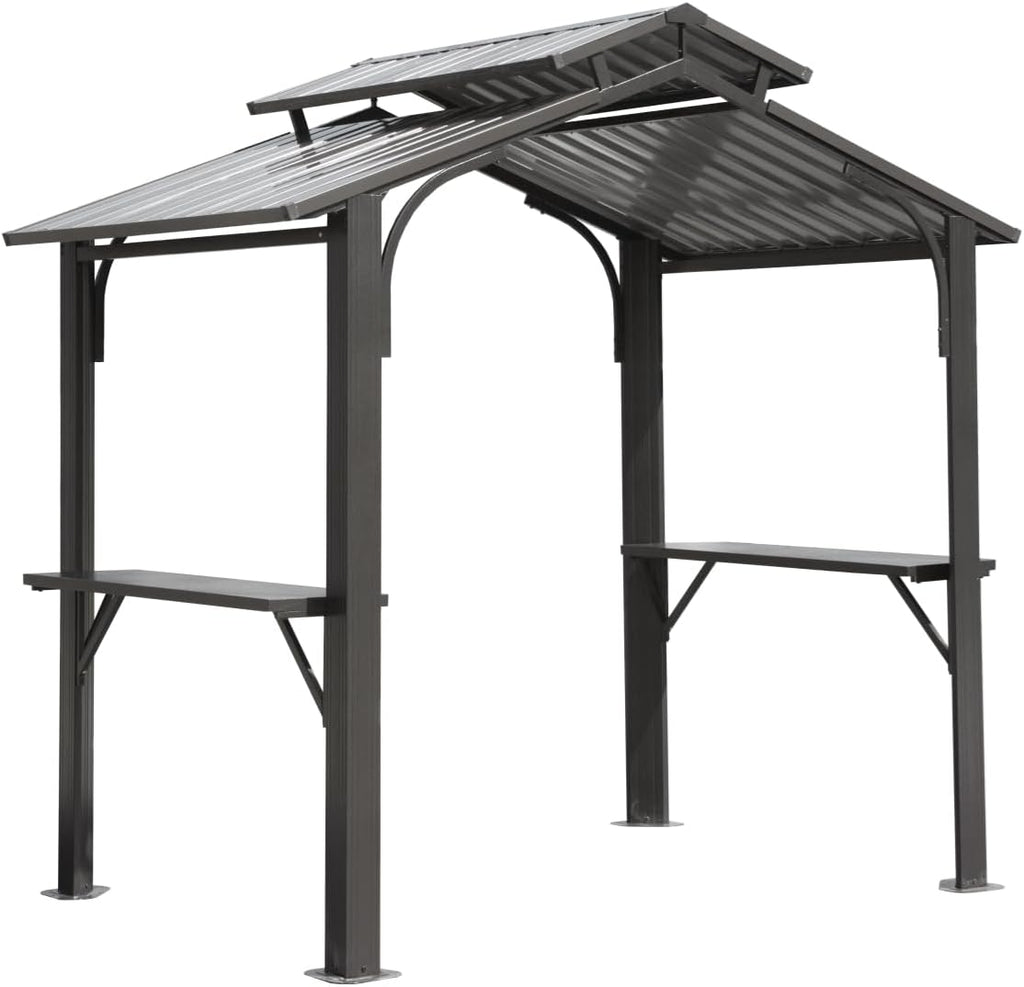 【LuckyNote】8×5FT Hardtop Grill Gazebo, Outdoor BBQ Gazebo w/Galvanized Steel Double Roof, Permanent Sun Shade Grill Canopy Shelter with 2 Side Shelves and Ceiling Hook for Patio Deck,2 parcels (Grey)