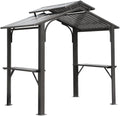 【LuckyNote】8×5FT Hardtop Grill Gazebo, Outdoor BBQ Gazebo w/Galvanized Steel Double Roof, Permanent Sun Shade Grill Canopy Shelter with 2 Side Shelves and Ceiling Hook for Patio Deck,2 parcels (Grey)