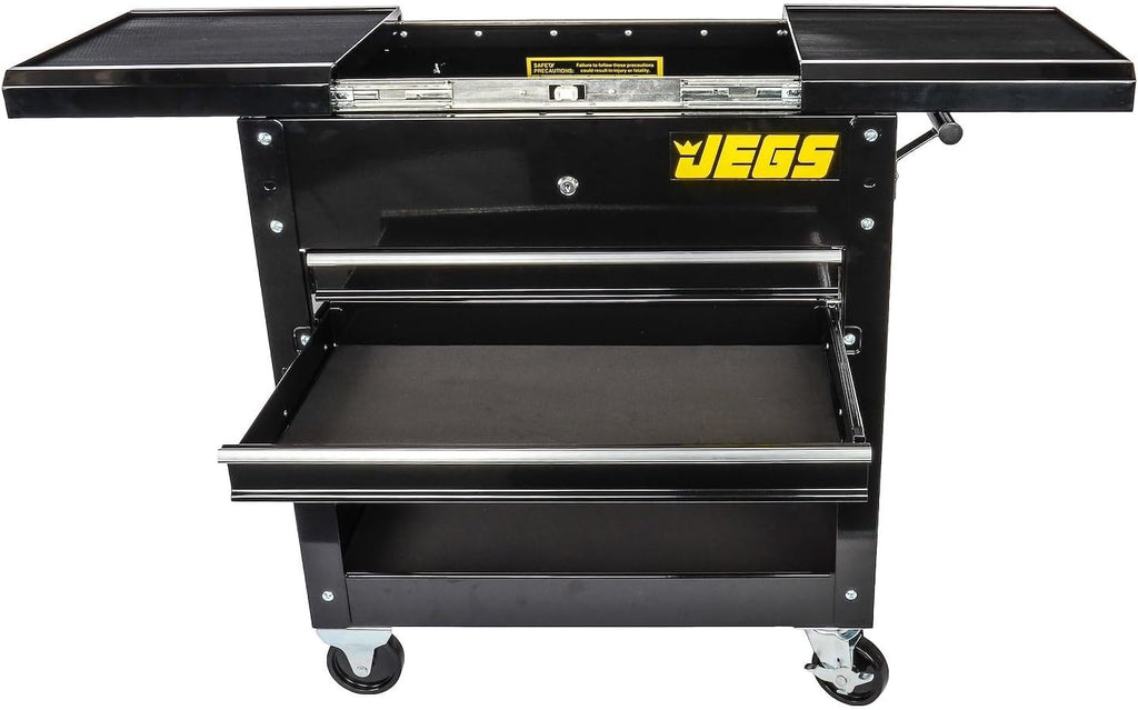 JEGS Heavy-Duty Tool Box Cart | 220 LBS Capacity | Uses Four 4' Caster Wheels | Includes 2 Keyes and 6 Drawer Liners | Black with JEGS Logo | 2 Locking Drawers | Sliding Top