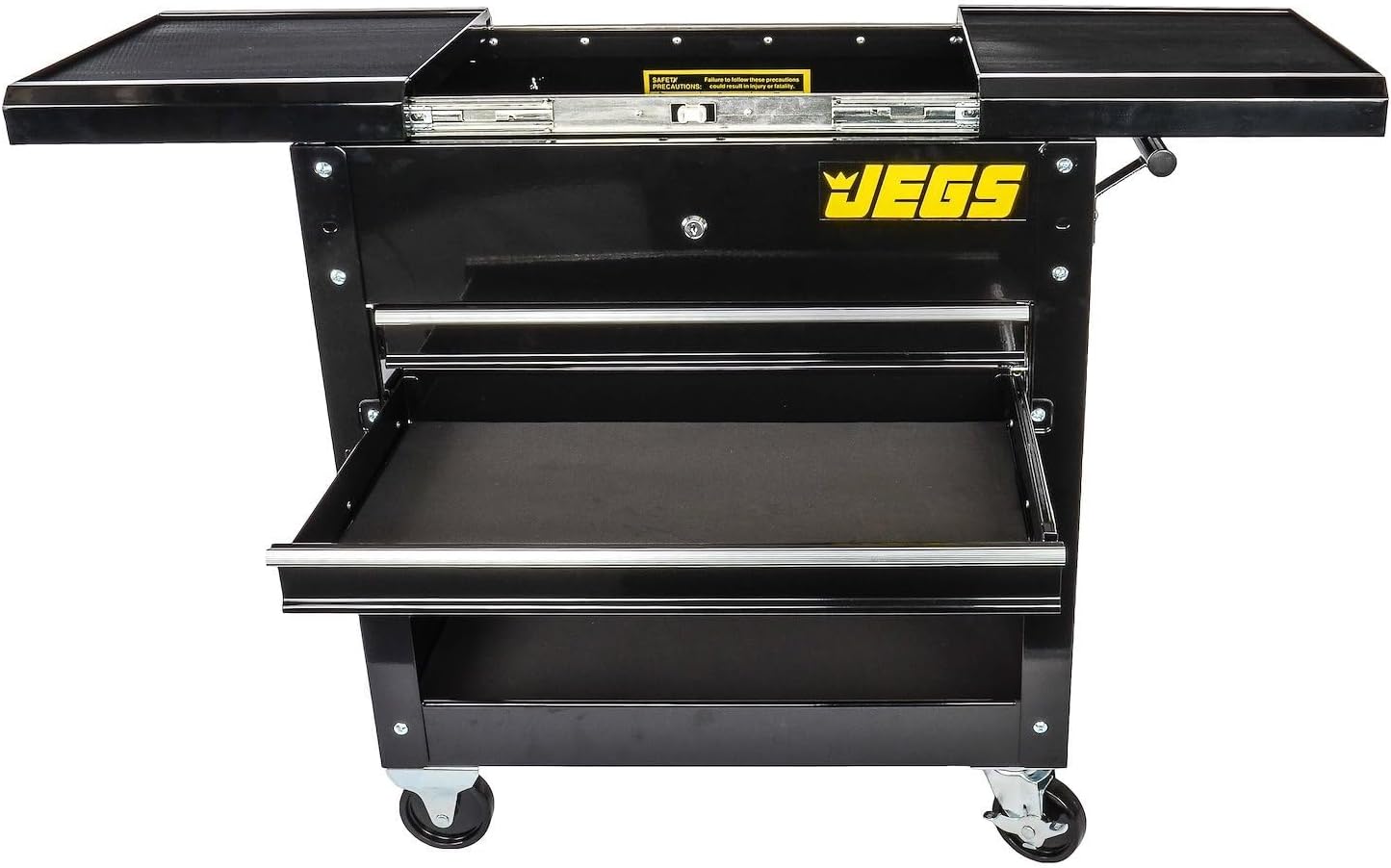 JEGS Heavy-Duty Tool Box Cart | 220 LBS Capacity | Uses Four 4' Caster Wheels | Includes 2 Keyes and 6 Drawer Liners | Black with JEGS Logo | 2 Locking Drawers | Sliding Top