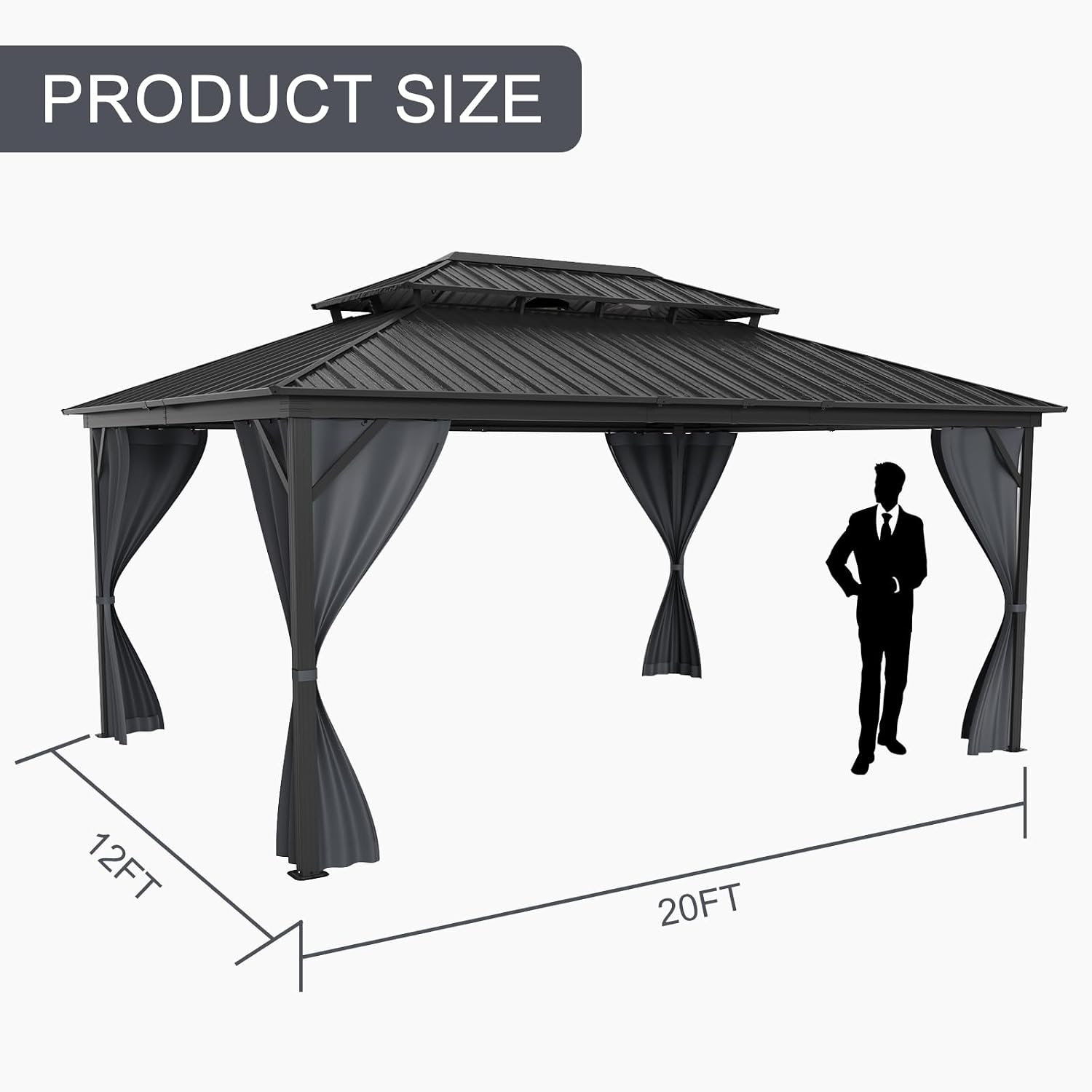 12x16FT Gazebo Hardtop Double Roof Canopy with Netting and Curtains,Outdoor Gazebo 2-Tier Hardtop Galvanized Iron Aluminum Frame for Patio, Backyard, Deck, and Lawns