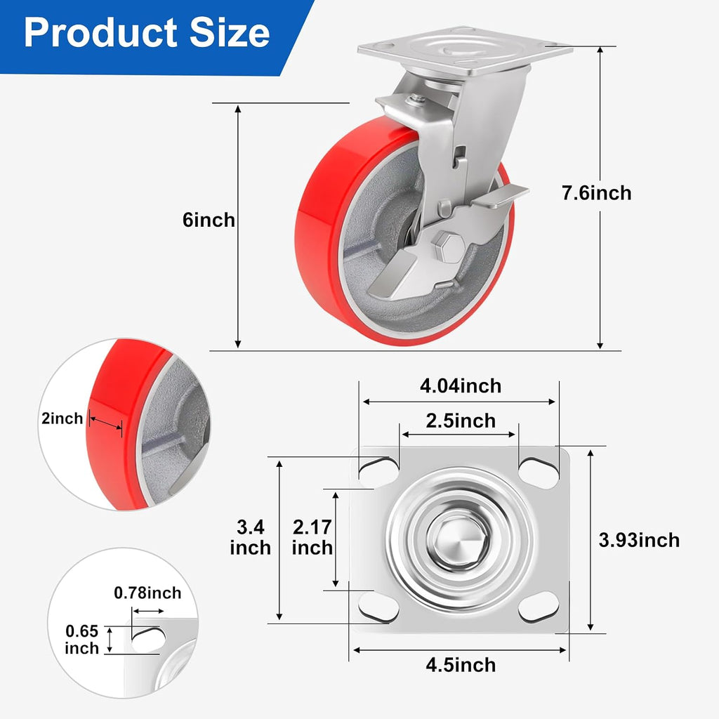 Nefish 6 Inch Industrial Casters Set of 4 Heavy Duty No Noise Polyurethane Wheel on Steel Hub, Workbench Casters with Brakes 4800 Lbs, Plate Swivel Casters for Toolbox Workbench (4 Swivel & Brakes)