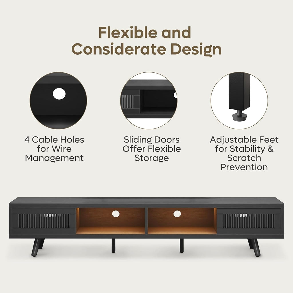 Bestier Mid Century Modern TV Stand for 75 inch TV, LED Entertainment Center with Storage and Sliding Doors, Low Profile TV Consoles for Living Room, Embossed Black