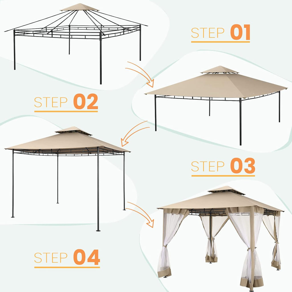 COBIZI Gazebo 10x10 Heavy Duty Gazebos with Improved Nettings Outdoor Gazebo Double Roof Patio Gazebos with Metal Steel Frame Outdoor Canopy for Patio, Deck, Backyard (Khaki)