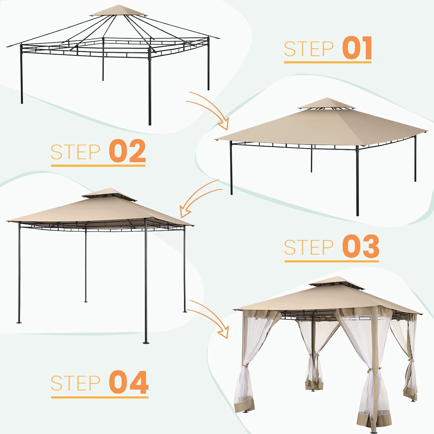 COBIZI Gazebo 10x10 Heavy Duty Gazebos with Improved Nettings Outdoor Gazebo Double Roof Patio Gazebos with Metal Steel Frame Outdoor Canopy for Patio, Deck, Backyard (Khaki)
