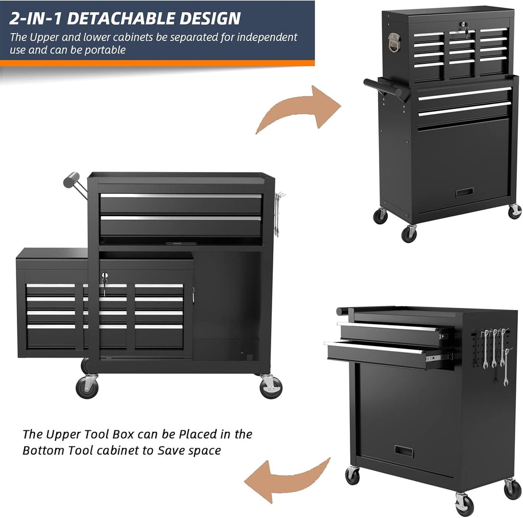 8-Drawer Rolling Tool Box, Lockable Rolling Tool Chest with Wheels and Drawers, 2 in 1 Large Capacity Storage Tool Cabinet for Warehouse, Garage, Tool Room and Repair Shop (Black)