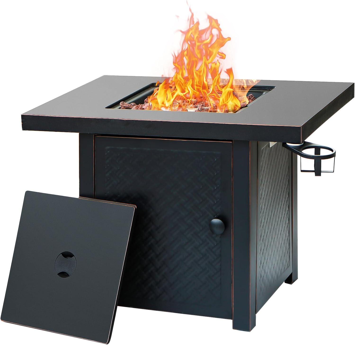 Verdeluxe 32'' Propane Fire Pit,50000 BTU Gas Firepit Table with 2 Drink Holders, Lid & Lava Rock,Outdoor Fire Pit Table for Dining or Party,Propane Firepits for Outside,Patio,Yard