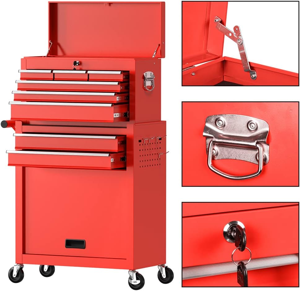 High Capacity Rolling Tool Boxes with Wheels and Drawers, 8-Drawer Storage Cabinet,Detachable Organizer Combo,Mobile Lockable Toolbox for Workshop Mechanics Garage (Red)