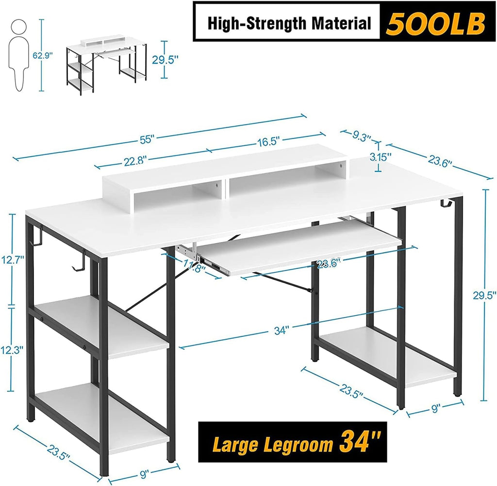 HYPIGO Computer Desk with Keyboard Tray, 55 Inch Music Studio Desk Music Production Desk with Storage Shelves Monitor Stands and 4 Iron Hooks, Workstation Gaming Table for Home Office
