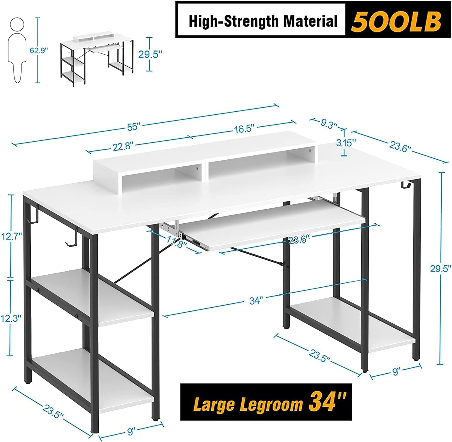 HYPIGO Computer Desk with Keyboard Tray, 55 Inch Music Studio Desk Music Production Desk with Storage Shelves Monitor Stands and 4 Iron Hooks, Workstation Gaming Table for Home Office