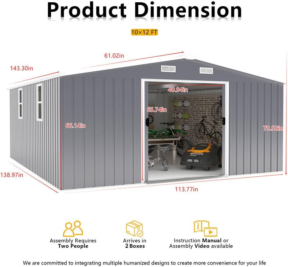 10x12 FT Outdoor Storage Shed, Extra Large Metal Garden Shed with Lockable Doors, Windows & Air Vents, Heavy-Duty Steel Backyard Utility Shed for Tools, Lawn Equipment, Motorcycles, Bikes, Patio,Gray
