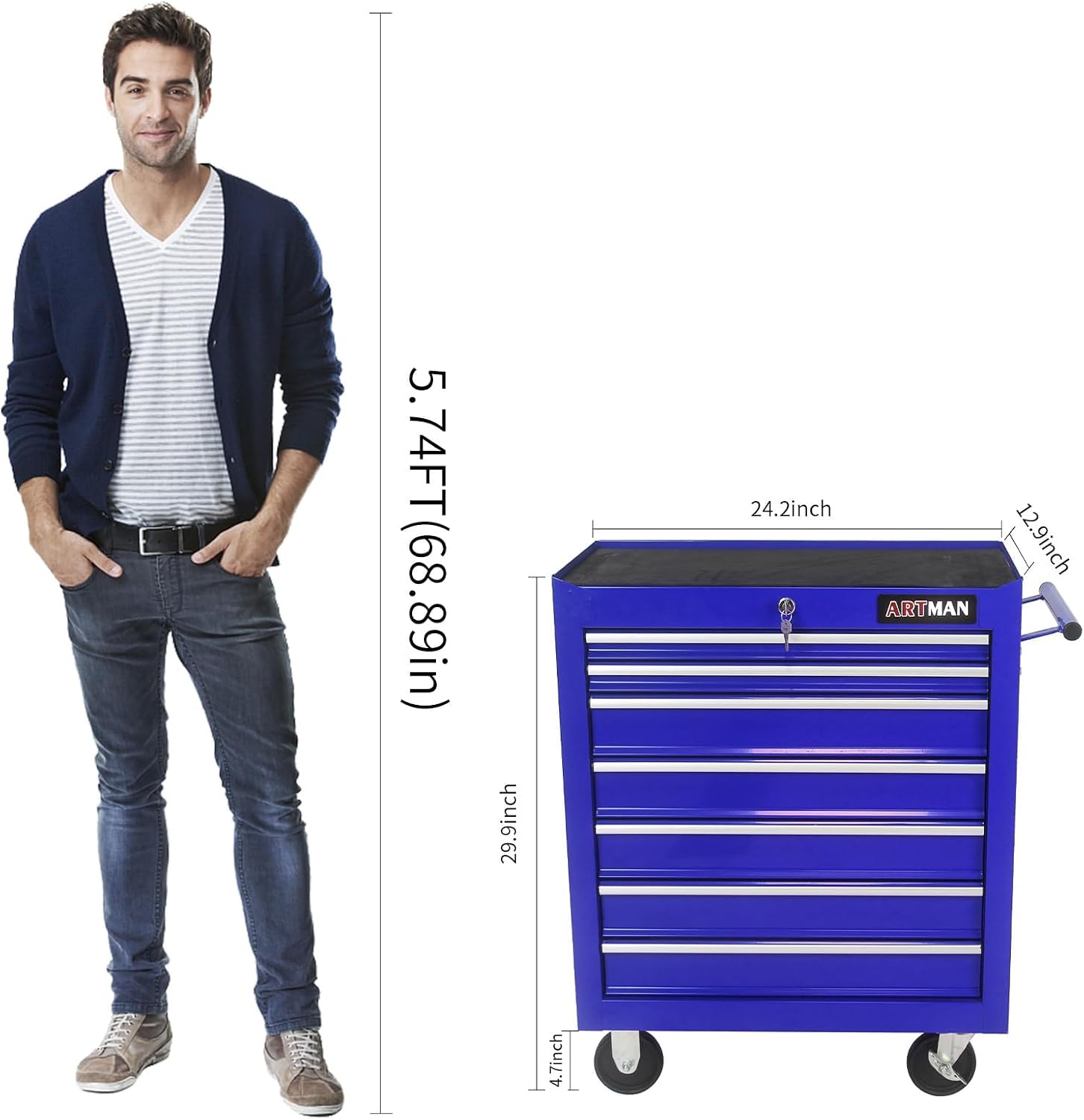 7-Drawer Rolling Tool Cart with Locking Drawers, Blue Metal Storage Cabinet, Mobile Tool Chest Organizer for Garage, Warehouse, Repair Shop, Workshop