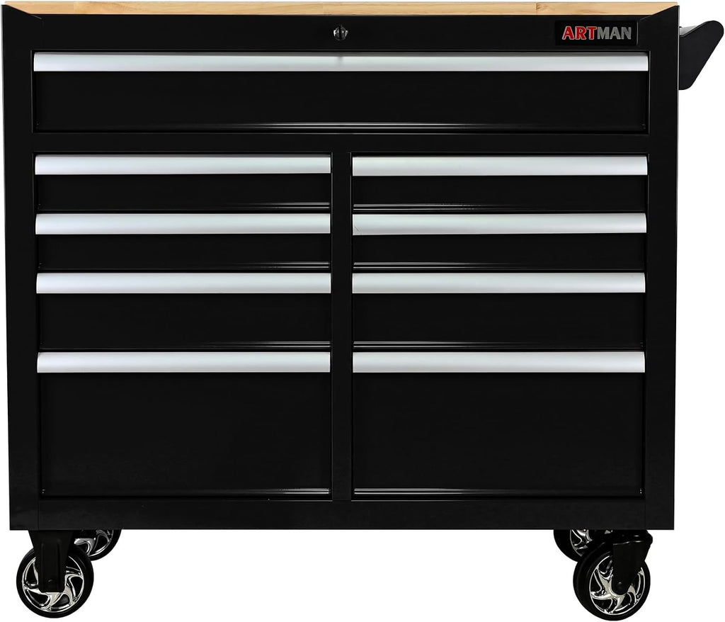 Heavy Duty Rolling Tool Chest with 9-Drawer Wood Top Tool Cart Mechanic Tool Box with Wheels Tool Storage Cabinet Mobile Workbench Tool Bench for Garage, Warehouse, Workshop, Repair Shop (Black)