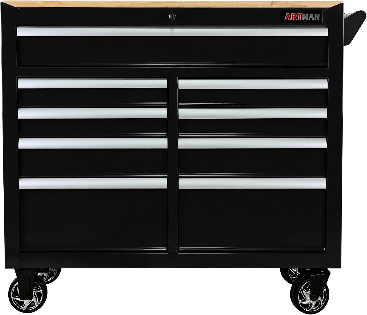 Heavy Duty Rolling Tool Chest with 9-Drawer Wood Top Tool Cart Mechanic Tool Box with Wheels Tool Storage Cabinet Mobile Workbench Tool Bench for Garage, Warehouse, Workshop, Repair Shop (Black)