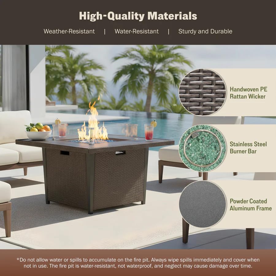 42' Outdoor Propane Fire Pit Table Gas Fire Pit for Patio 2-in-1 Firepit Dining Table with Glass Wind Guard Glass Rocks & Waterproof Cover Grey