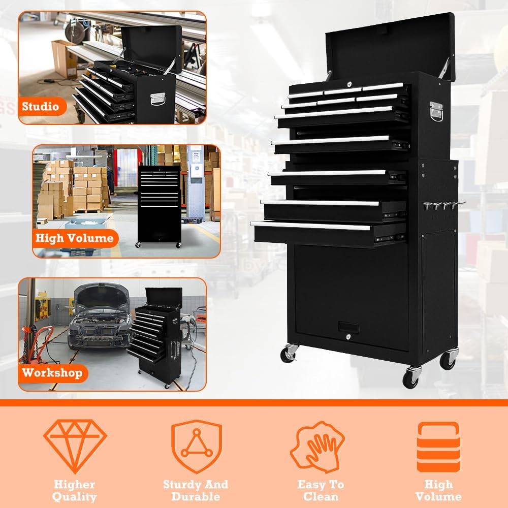 13 Drawers Tool Chest with Wheels,Large Capacity Tool Storage Cabinet with Removable Top Toolbox, Locking Mechanical Tool Cart with Liner,Suitable for Garages, Warehouses-Black